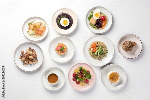 various plates of food isolated on white background, generative AI