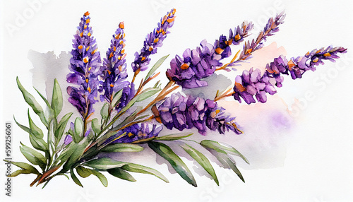 Bouquet of lavender flowers on a white background as a watercolor illustration, generative AI
