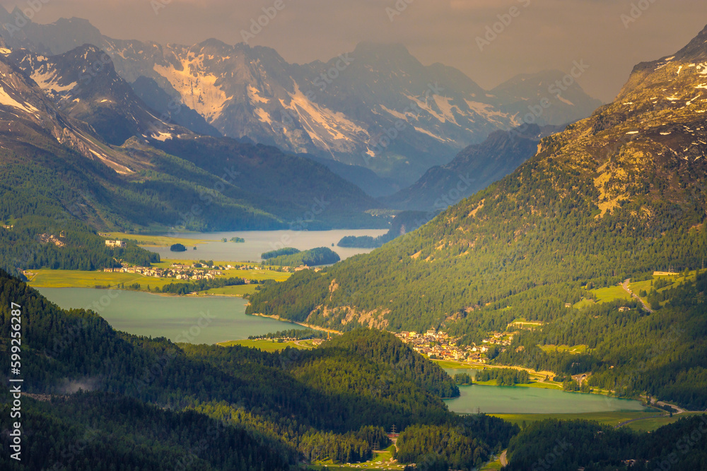 Celerina an Engadine Lakes, St Moritz, Silvaplana and Maloja from Muottas Muragl