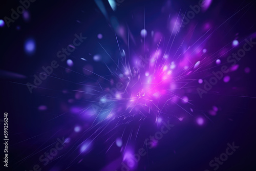 Neon glow background. Blur light flare. Futuristic radiance. Defocused ultraviolet blue purple color gradient bokeh sparkles on dark abstract wallpaper with free space 