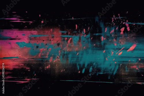 Old film overlay. Color glitch noise. Distressed surface. Weathered effect filter. Neon blue orange pink artifacts dust scratches dirt stains on dark black abstract art background