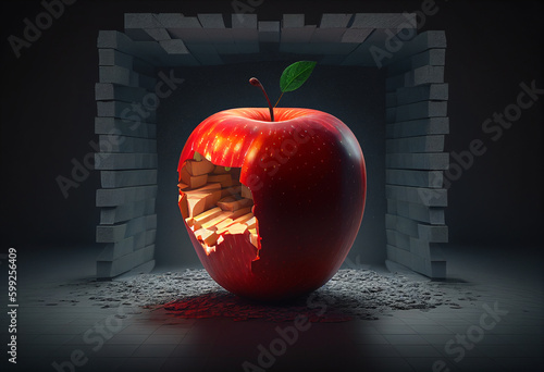 Red apple in 3D style. AI Generated