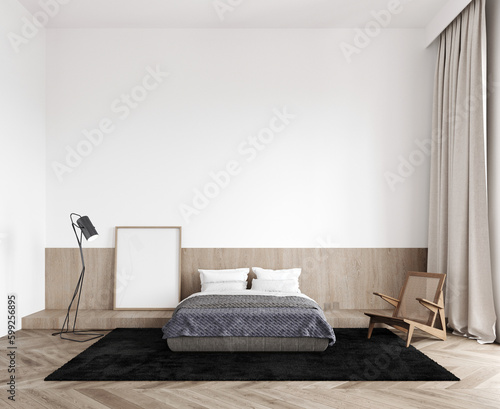 3d render of a minimalistic style bedroom, decorative wooden wall, parquet,black carpet, blank photo frame, floor lamp, decoration. White walls. Curtain to the floor. Mockup frame