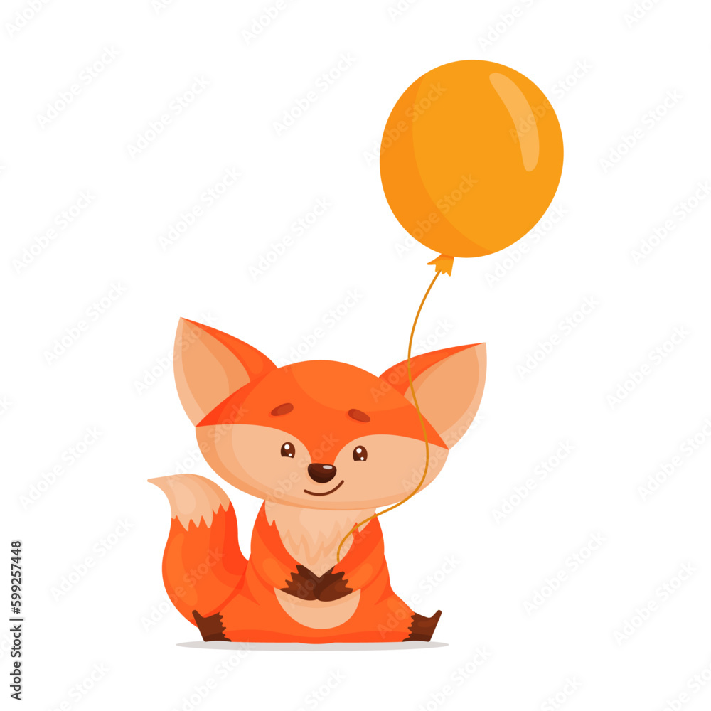 Obraz premium Cute baby fox holds yellow balloon in his hand. Vector illustration for designs, prints and patterns. Isolated on white background. Cartoon style