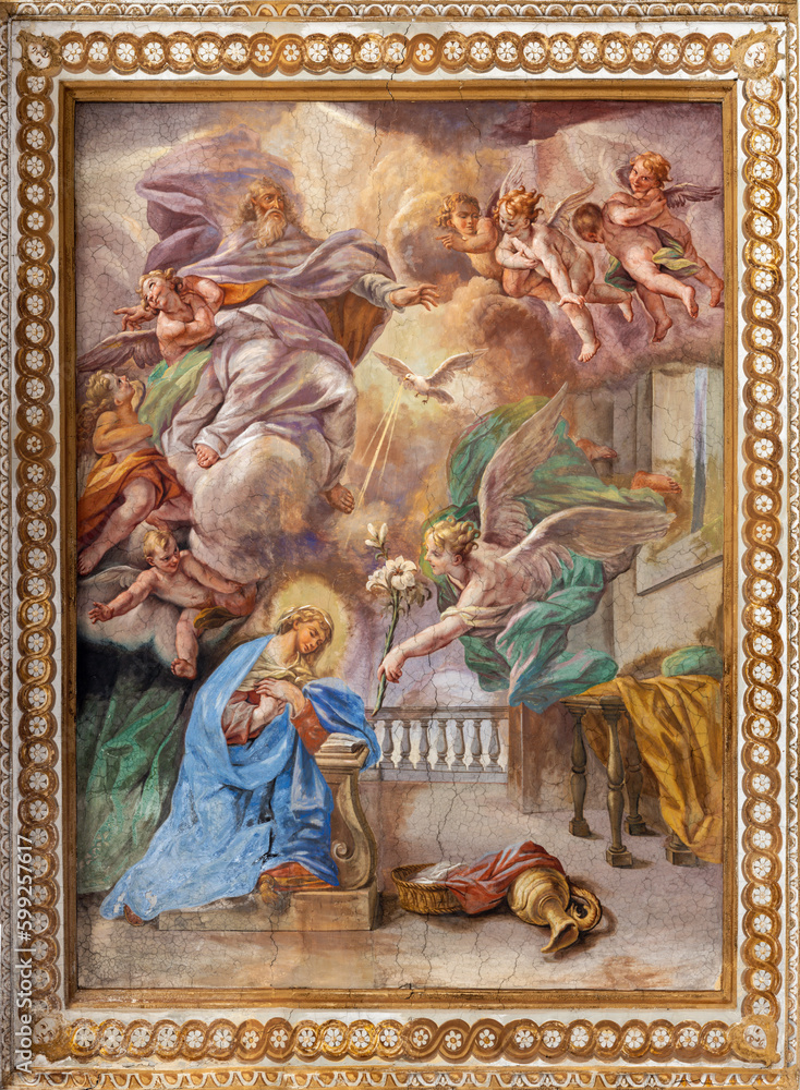 NAPLES, ITALY - APRIL 20, 2023: The fresco of  Annunciation in church Basilica di Santa Maria degli Angeli a Pizzofalcone by  Giovan Battista Beinaschi (1668-1675).