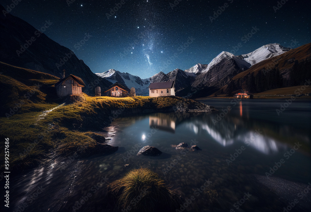 Small village in the mountains at night. AI Generated