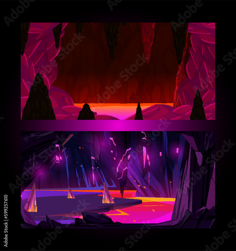 Underground rocky cave with water and blue crystals. Vector cartoon illustration of empty stone cavern with stalactites and lake or river. Old mountain grotto inside
