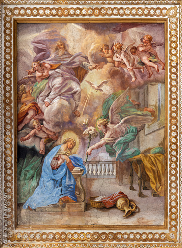 NAPLES, ITALY - APRIL 20, 2023: The fresco of Annunciation in church Basilica di Santa Maria degli Angeli a Pizzofalcone by Giovan Battista Beinaschi (1668-1675).