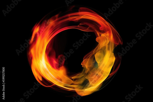 Color smoke circle. Ink water swirl. Fire flame vortex. Orange red yellow fume in round burning tunnel on dark black abstract background
