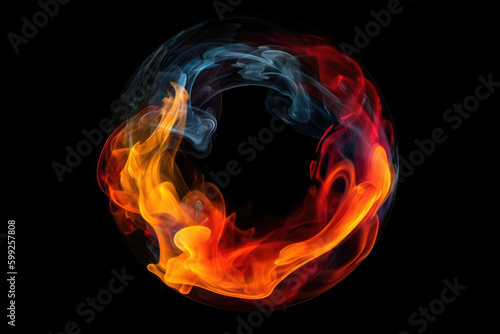Color smoke circle. Ink water swirl. Fire flame vortex. Orange red yellow fume in round burning tunnel on dark black abstract background