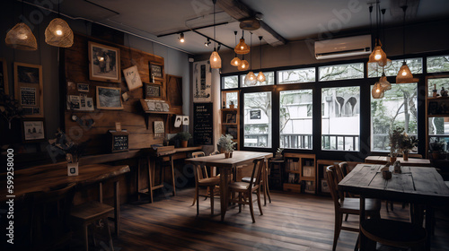 Cozy, rustic and artsy coffee shop interior scene of indie cafe, Generative AI