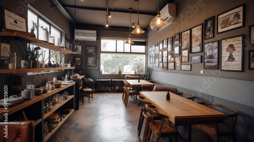 Cozy, rustic and artsy coffee shop interior scene of indie cafe, Generative AI