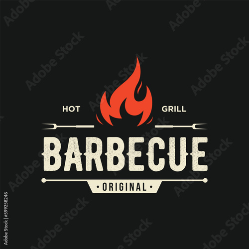BBQ hot grill vintage typography Logo design with crossed flames and spatula. Logo for restaurant, badge,cafe and bar.
