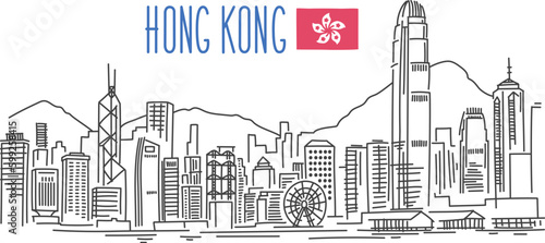 Hong Kong Skyline vector drawing. Illustration isolated on white background. Outline stroke is not expanded, stroke weight is editable