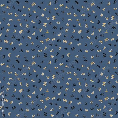 Various foreign currencies signs seamless pattern background. Various currency symbols.