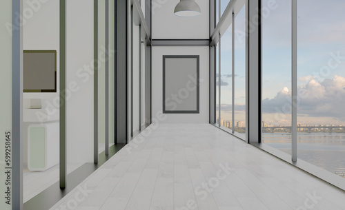 Modern office building interior. 3D rendering.. Mockup. Empty paintings