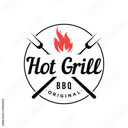 BBQ hot grill vintage typography Logo design with crossed flames and spatula. Logo for restaurant, badge,cafe and bar.