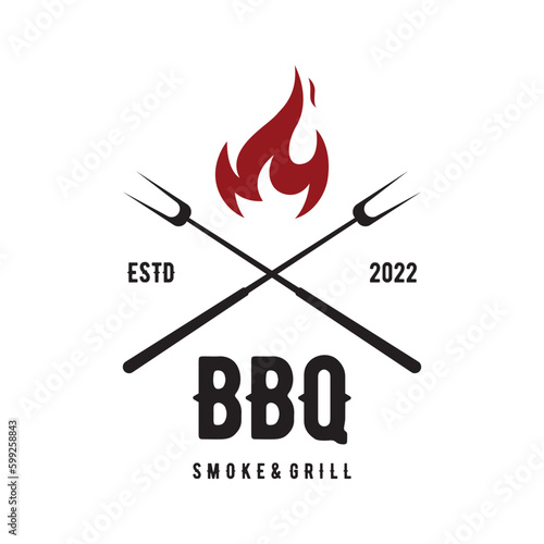 BBQ hot grill vintage typography Logo design with crossed flames and spatula. Logo for restaurant, badge,cafe and bar.