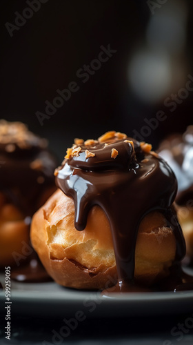 Typical traditional Brazilian profiterolis bakery sweet called carolina. Candy isolated on plate - copy space
