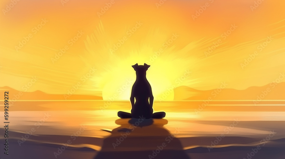 Silhouette of a dog meditating and practicing yoga on the beach. Copy Space