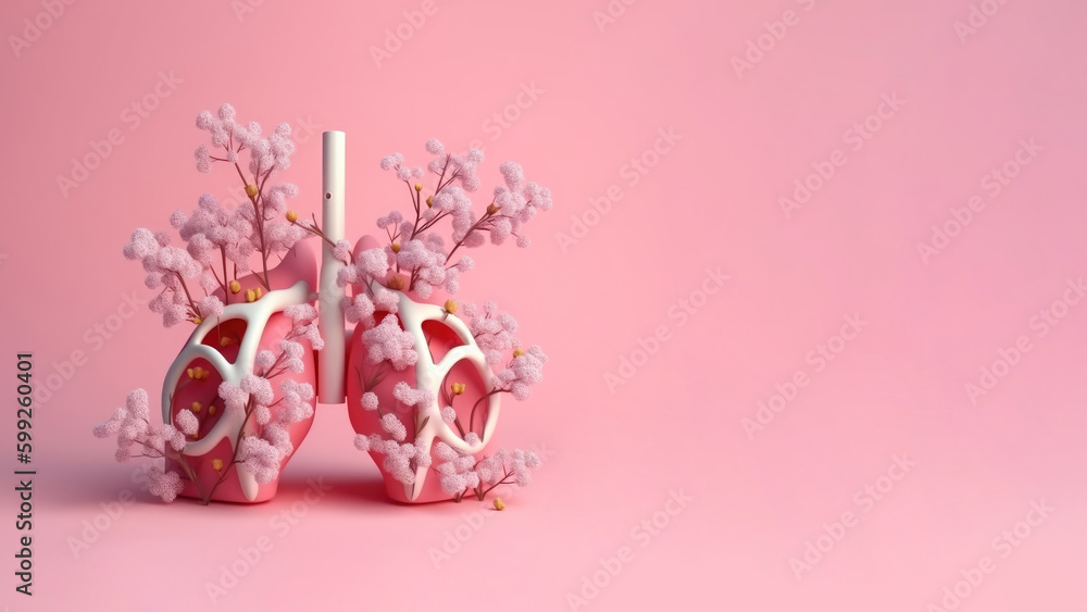 Lung organs with blooming flowers isolated, health and disease concept, AI Generated banner in 3d style - obrazy, fototapety, plakaty 