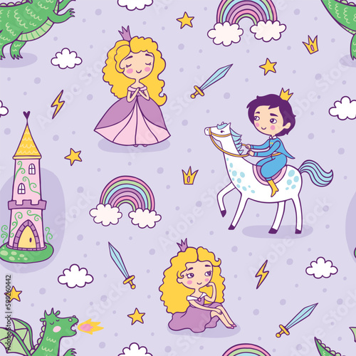 Fairytale of prince and princess abstract seamless pattern