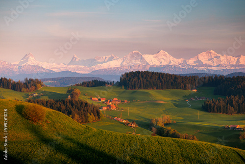view of the Bernese alps during a spring sunset