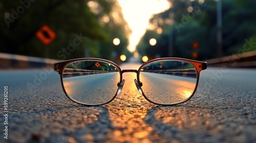 Clear image in glasses against blurry landscape, generative AI