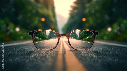 optical eyevision concept, frame of eyeglasses show focused image on the blurred background, generative AI