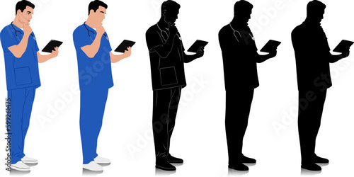 Hand-drawn healthcare worker. Happy smiling doctor with a stethoscope and tablet. Male nurse in blue uniform. Vector flat style illustration set isolated on white. Full length view