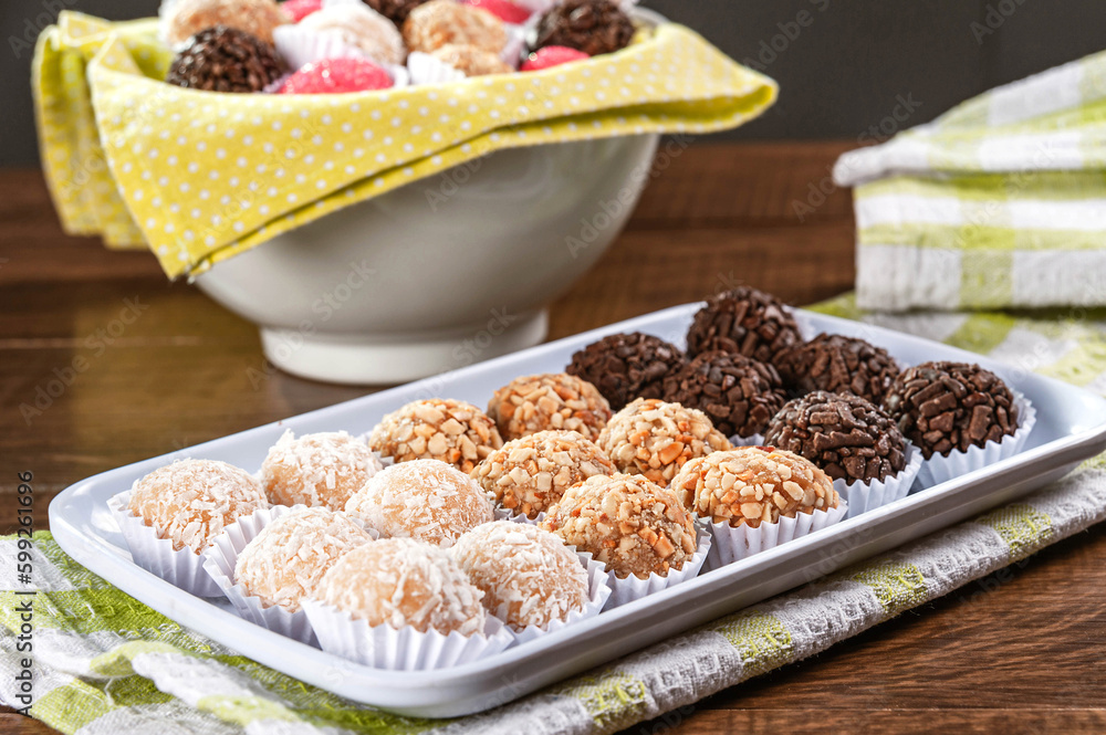 Various brazilian party sweets. (Beijinho, cajuzinho e brigadeiro) Various brazilian party sweets. (Beijinho, cajuzinho e brigadeiro)