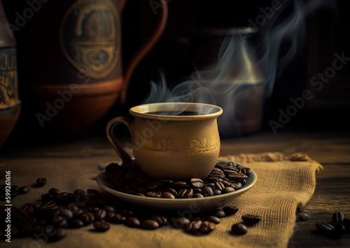 Cup of coffee and roasted coffee beans on the table in old, rustic kitchen. Ai Generative image