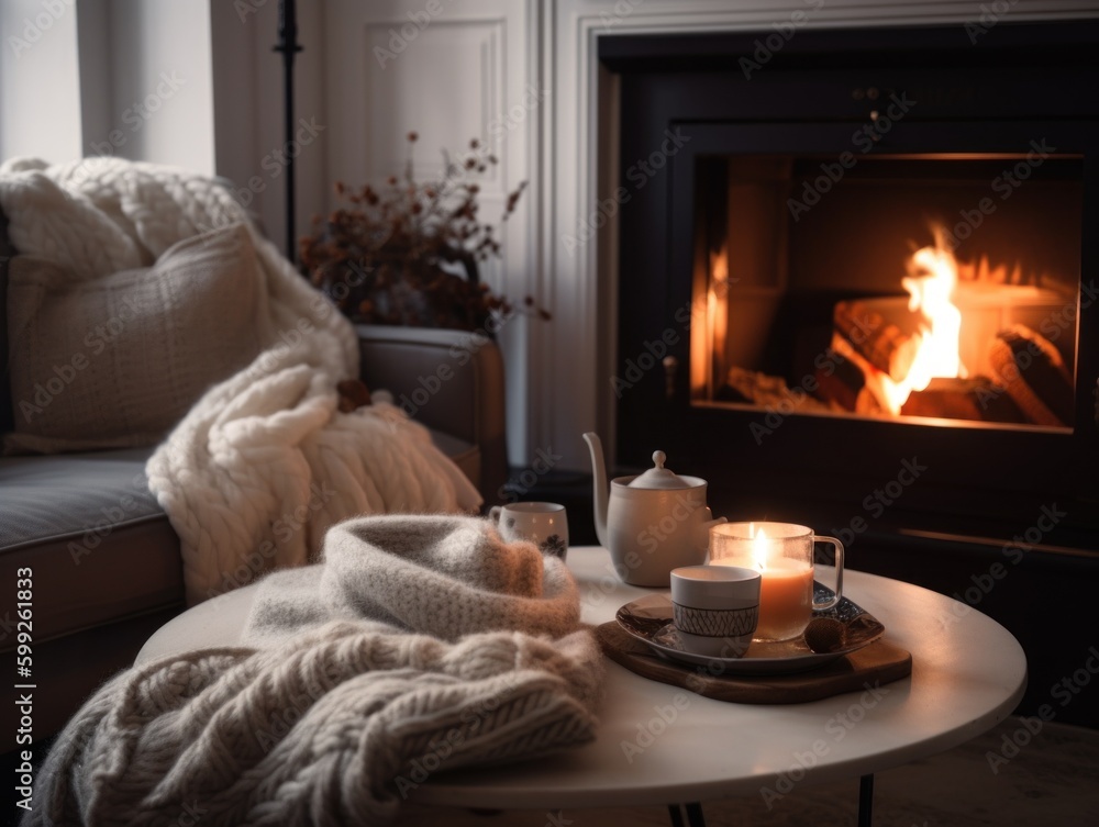Obraz premium A cozy living room with a fireplace and a coffee table. AI generative image. Generative AI