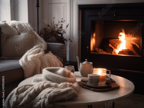 A cozy living room with a fireplace and a coffee table. AI generative image. Generative AI