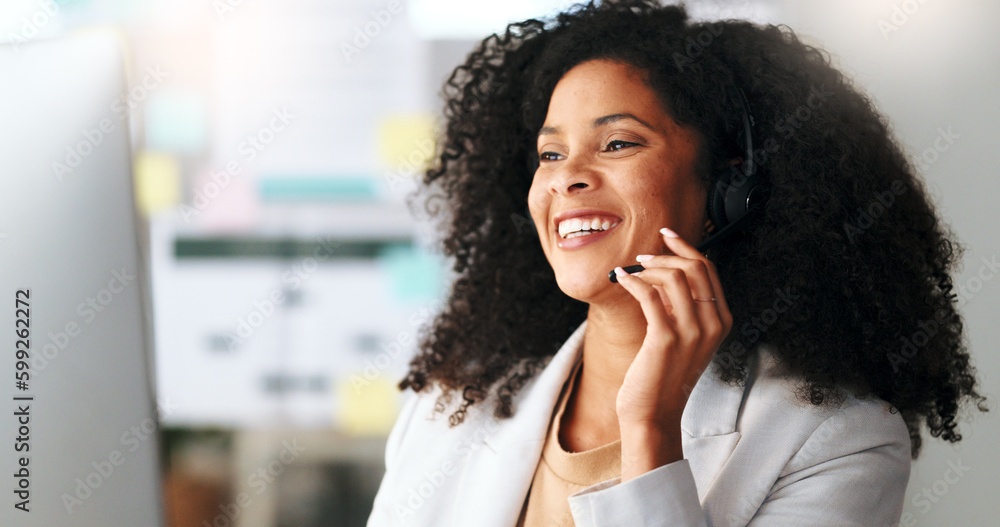 Happy female customer service agent smiling while working in a call centre, talking to a client with a headset. A helpful saleswoman assisting customers with purchase orders and questions online Happy female customer service agent smiling while working in a call centre, talking to a client with a headset. A helpful saleswoman assisting customers with purchase orders and questions online