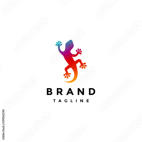 Colorful Lizards Crawling Up Logo Design. Colored Silhouette Of Gecko Walking On The Wall.