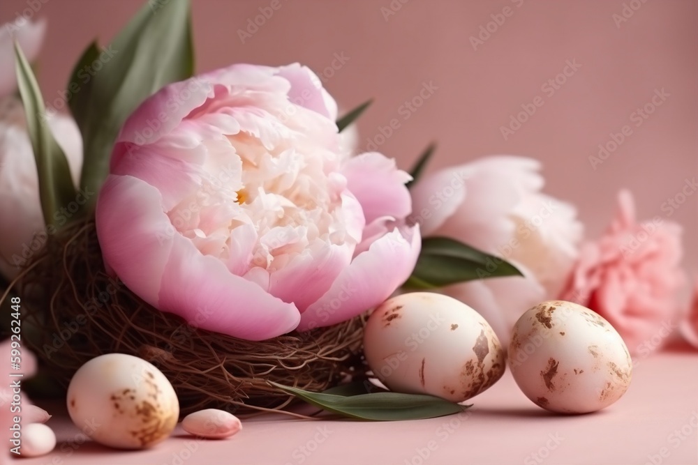 background spring peony easter pink floral blossom holiday egg flower festive. Generative AI.