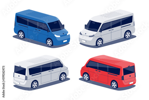 Modern passenger van car. Minivan middle size cargo minibus vehicle. Small corporate commercial person transport. Isolated vector red blue object icon on white background in isometric dimetric style. (ID: 599262473)