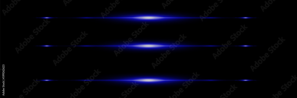 Horizontal light beams, glowing blue line of light, flash of blue horizontal glare, laser beams, beautiful light flash, bright glow, vector illustration, eps 10.