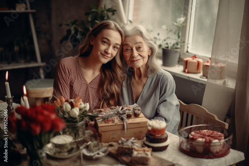Young woman hugs her elderly mother. generative ai