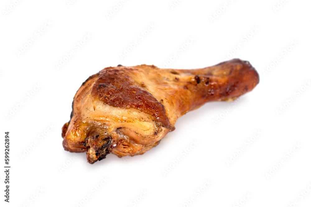 Chicken drumstick marinated and baked until cooked ready to eat isolated on white background. Chicken drumstick marinated and baked until cooked ready to eat isolated on white background.