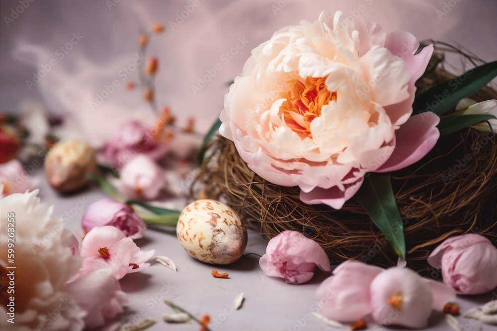 background easter peony flower holiday pink floral top spring egg blossom. Generative AI. background easter peony flower holiday pink floral top spring egg blossom. Generative AI.