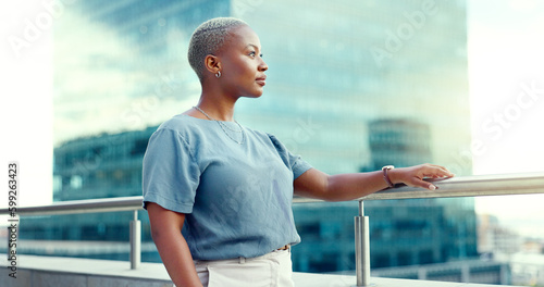 Canvas Print Black business woman in city on balcony and thinking for opportunity, vision and professional mindset