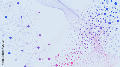 Abstract molecular structure with dots and lines connection and wave flow background for network connection, medicine, chemistry, science and technology backdrop.
