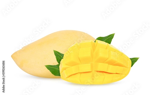 Ripe Mango with green leaf isolated on white background. Clipping path.