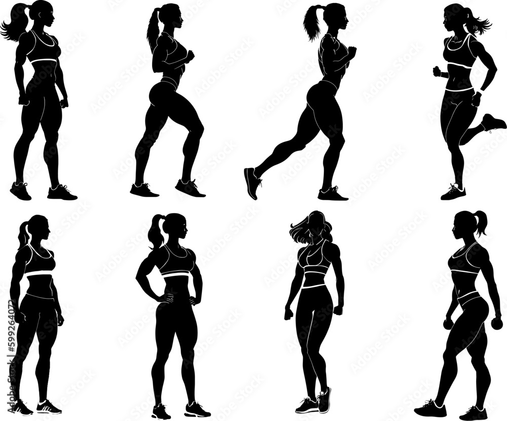 Silhouettes of fitness girl, vector set 1