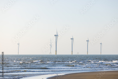 Wind turbine field over the sea in the evening