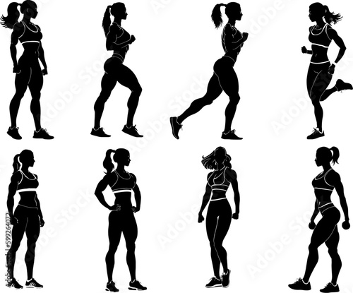 Silhouettes of fitness girl, vector set 1