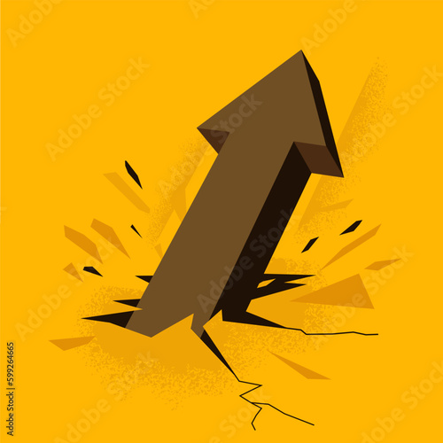 An arrow breaks thought the ground and continues moving upwards. Positive forward business motion vector illustration.