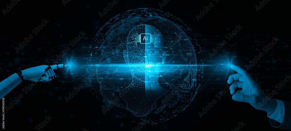 Obraz premium Machine learning, Hands of robots and humans touching on extensive data network connection background, Science innovation, and future digital technology, artificial intelligence AI, chatbot